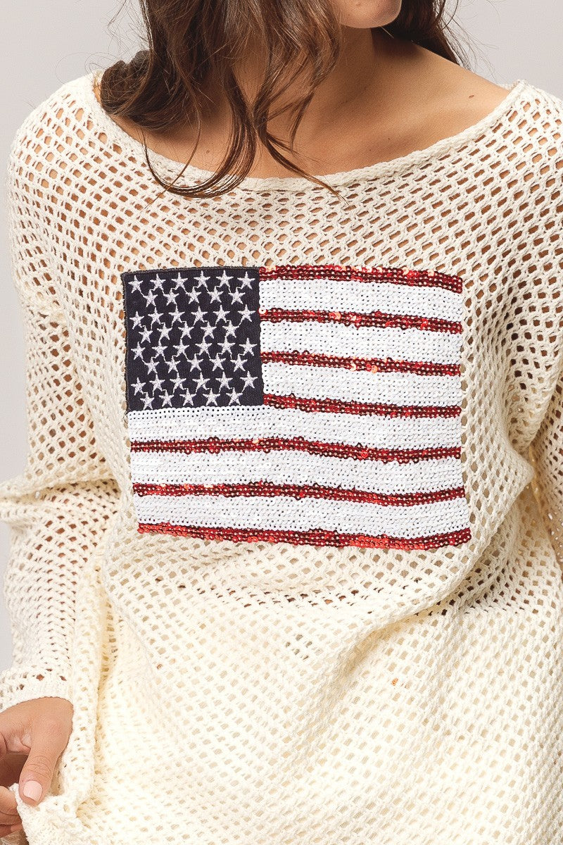 BiBi Sequin Embellishments American Flag Patch Open Knit Cover Up Top | Oatmeal