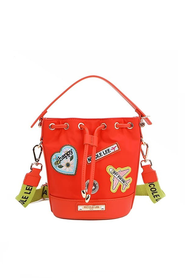 Nicole Lee USA Embroidered Color Patches Drawstring Closure Bucket Bag