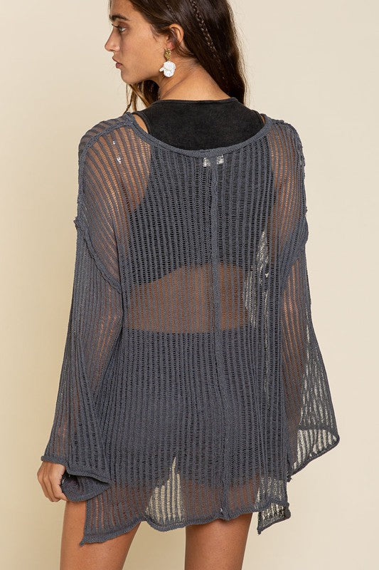 POL Loose Fit Openwork Flare Sleeves See Through Cover Up Top