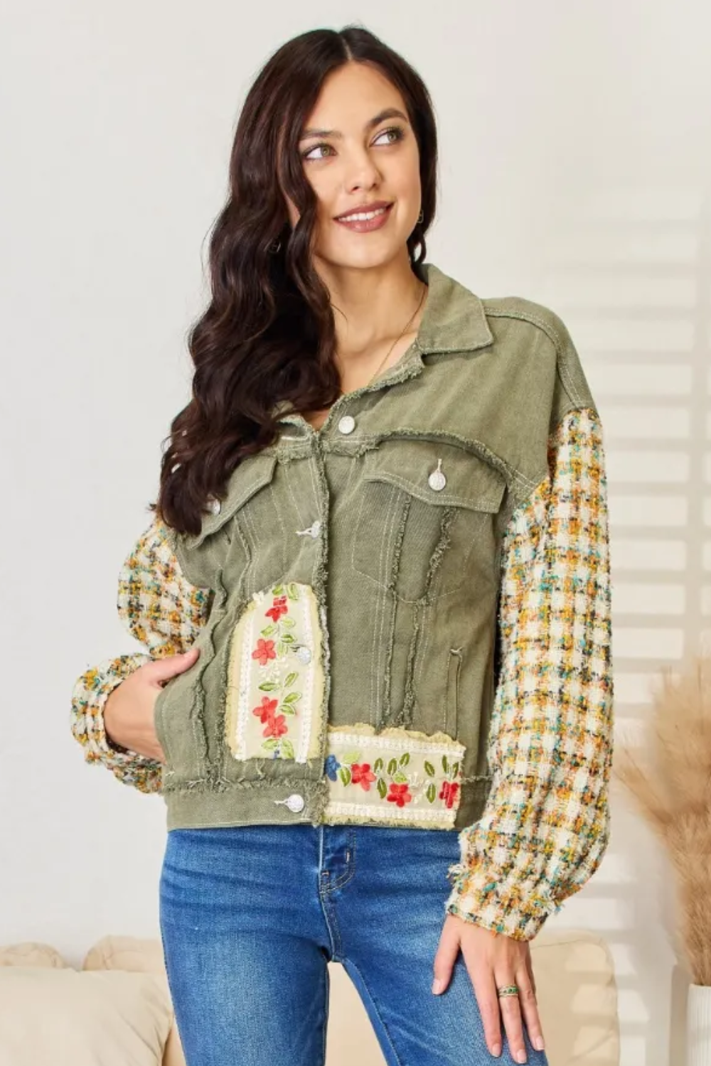 POL Embroidered Button Down Raw Hem Long Sleeves Shacket