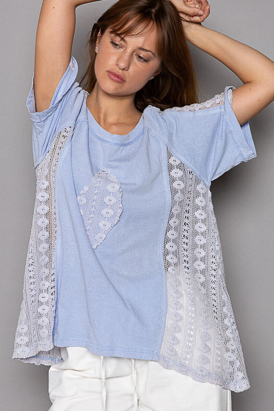 POL Oversized Short Sleeves Round Neck Lace Crochet Panel Top