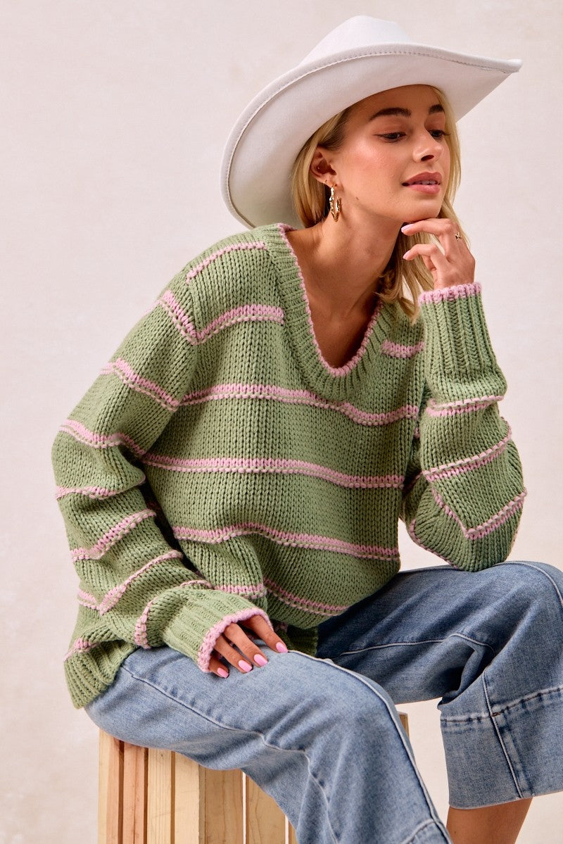 BiBi Striped Pattern Long Sleeves Oversized Ribbed Pullover Sweater | Marsala