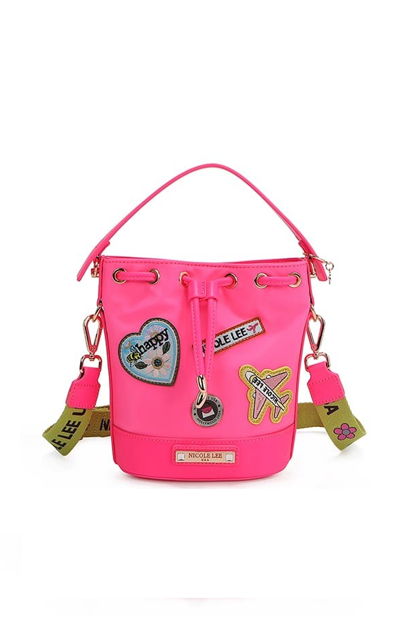 Nicole Lee USA Embroidered Color Patches Drawstring Closure Bucket Bag