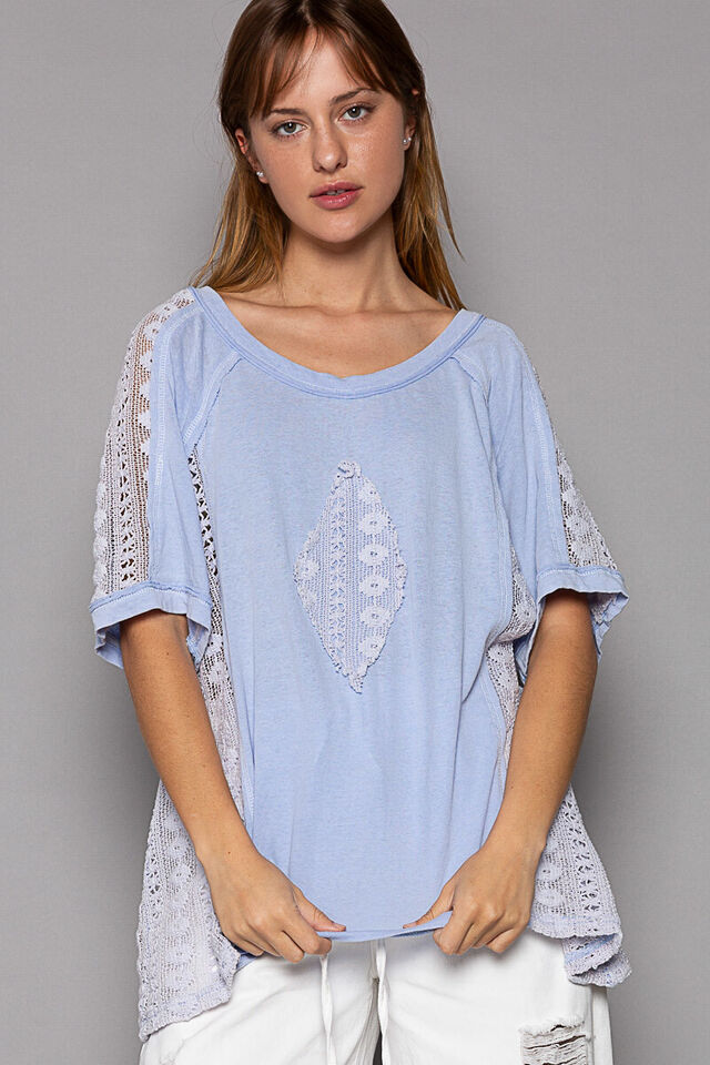 POL Oversized Short Sleeves Round Neck Lace Crochet Panel Top