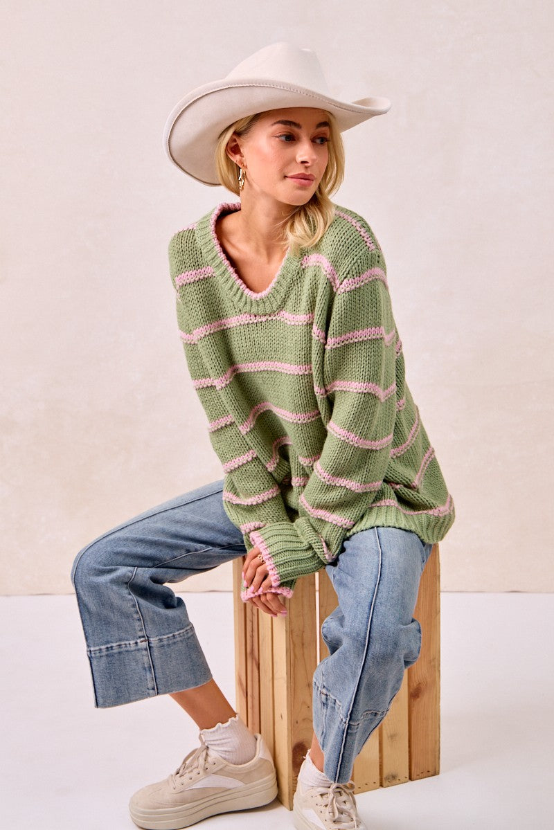 BiBi Striped Pattern Long Sleeves Oversized Ribbed Pullover Sweater | Marsala