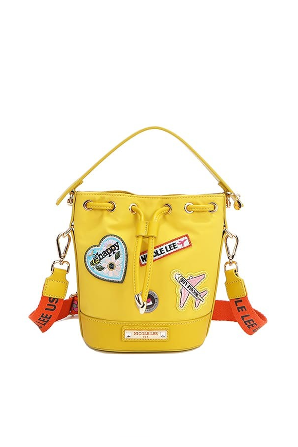 Nicole Lee USA Embroidered Color Patches Drawstring Closure Bucket Bag