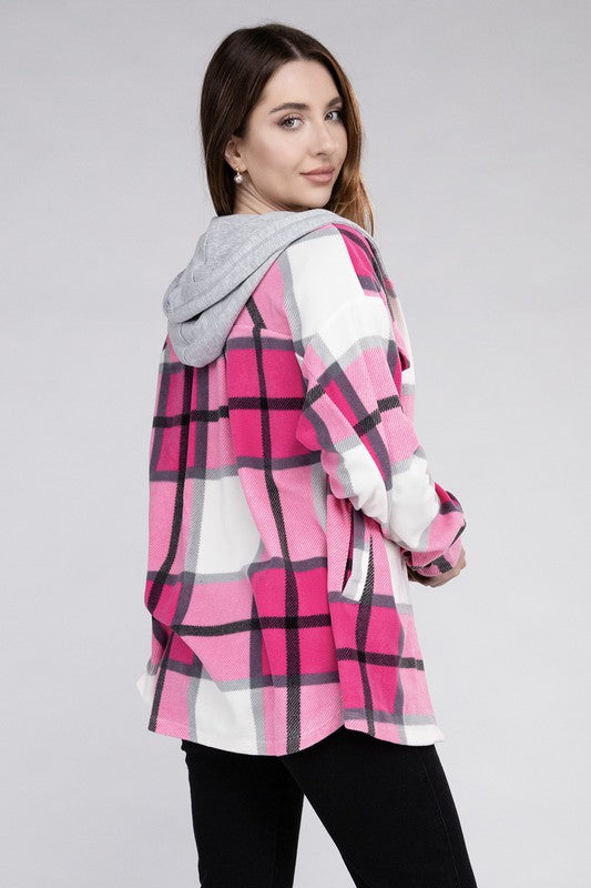ZENANA Plaid Long Sleeves Drawstring Hooded Fleece Shacket