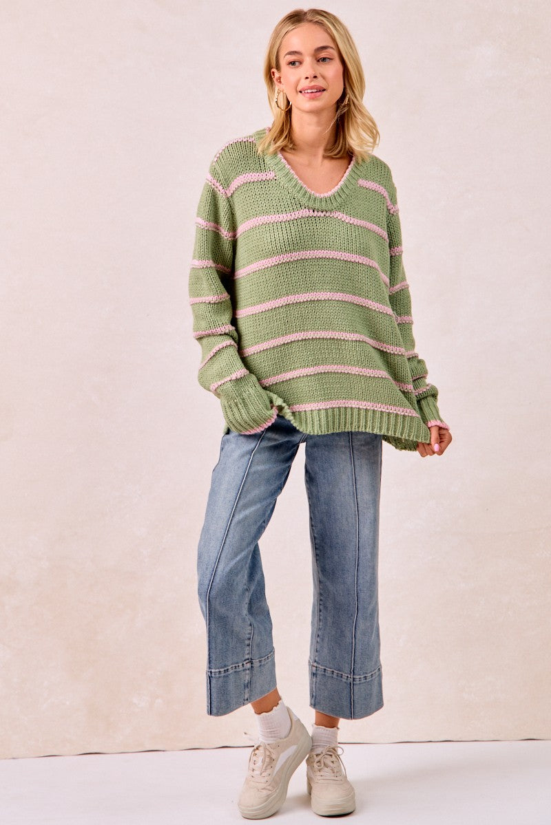 BiBi Striped Pattern Long Sleeves Oversized Ribbed Pullover Sweater | Marsala