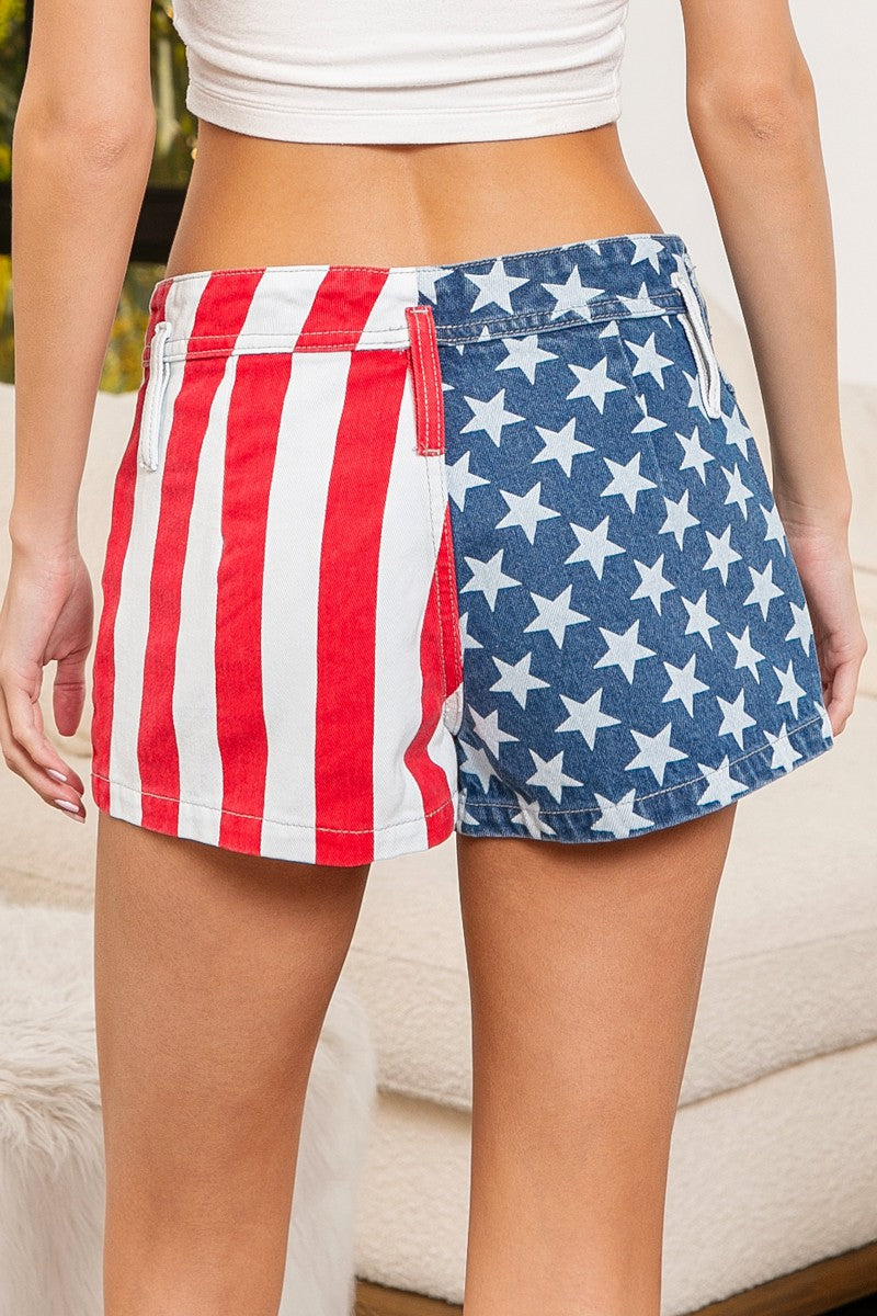 BiBi American Flag Print Zipper Fly Pocketed Denim Shorts