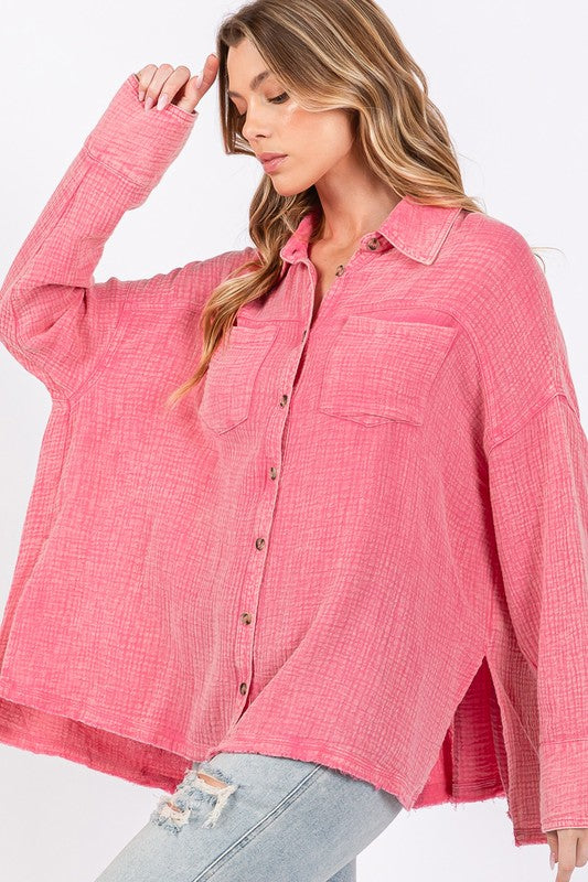 SAGE + FIG Frayed Hem Side Slit Button Down Pockets Oversized Shirt | Pink