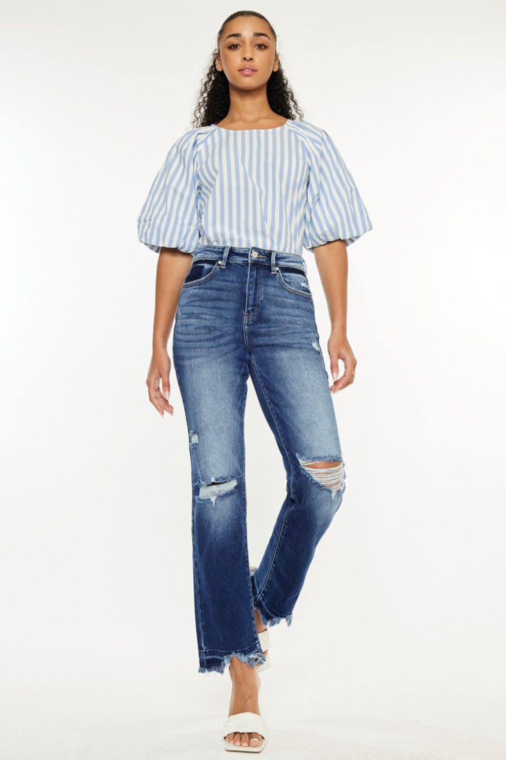 KanCan High Rise Waist Distressed Frayed Hem Dark Wash Slim Straight Denim Jeans