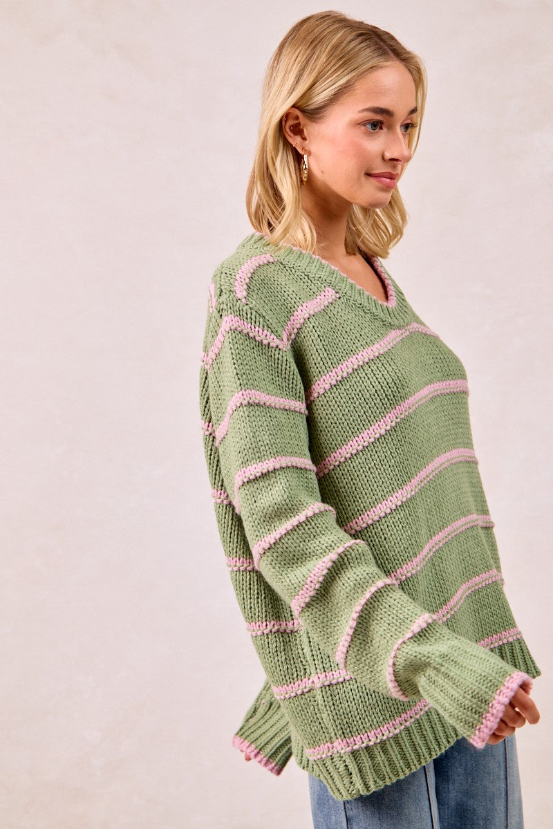 BiBi Striped Pattern Long Sleeves Oversized Ribbed Pullover Sweater | Marsala