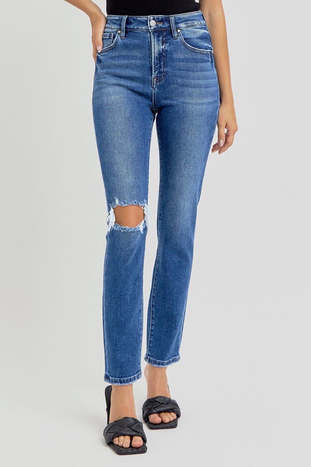 RISEN High Rise Waist Distressed Knee Dark Washed Ankle Skinny Denim Jeans