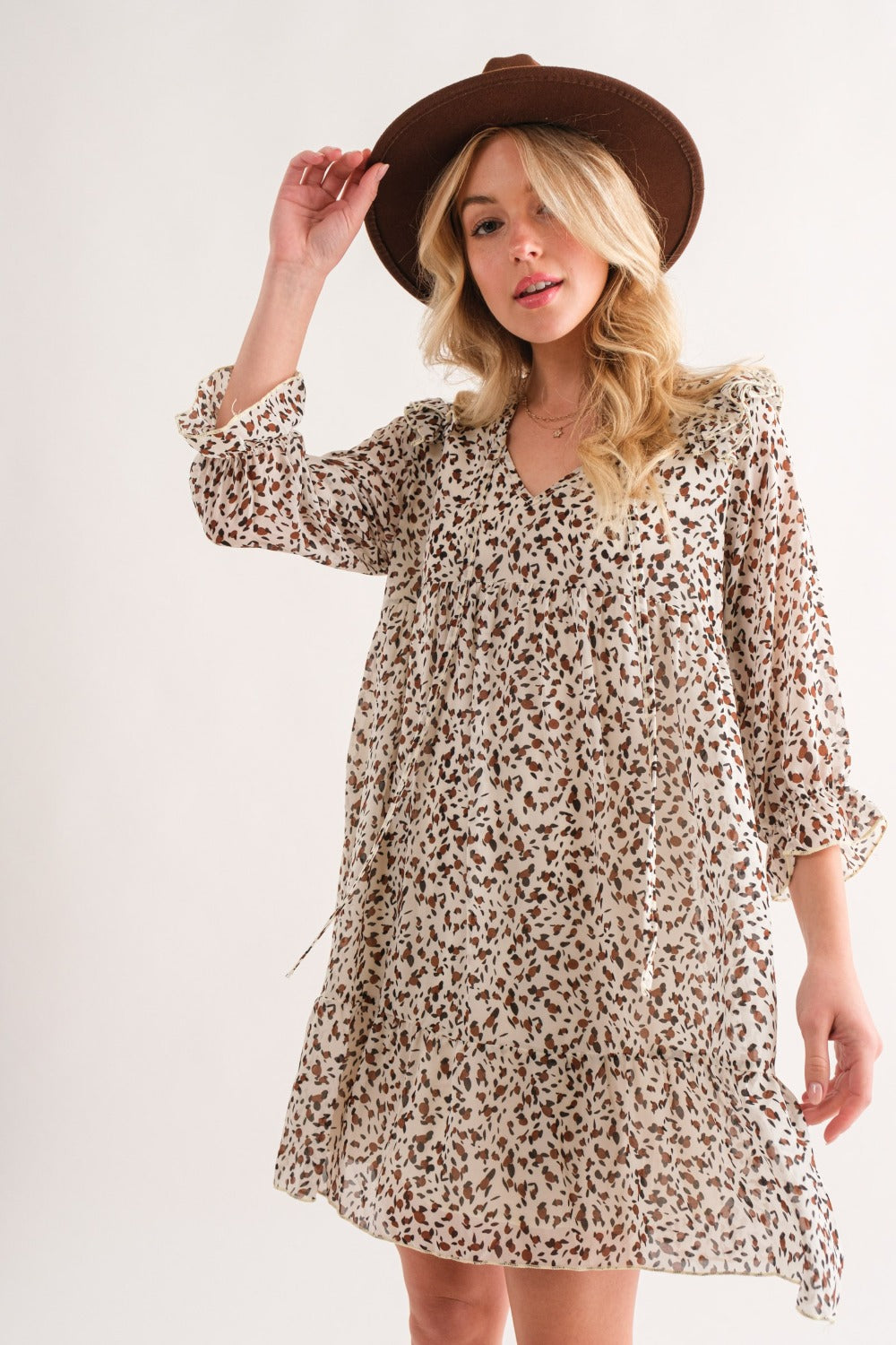 And The Why Leopard Print Long Sleeves Ruffle Hem Woven Mini Dress | Ivory