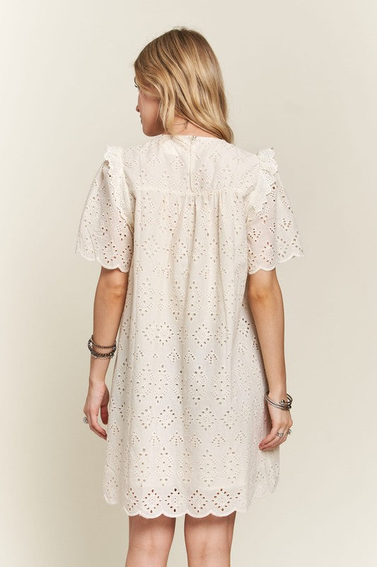 ADORA Ruffle Shoulder Eyelet Round Neck Scallop Edge Detail Mini Dress | Natural