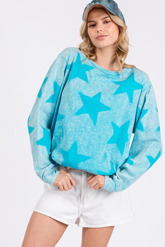 SAGE + FIG Mineral Wash Star Graphic Print Long Sleeves T-Shirt | Aqua Blue