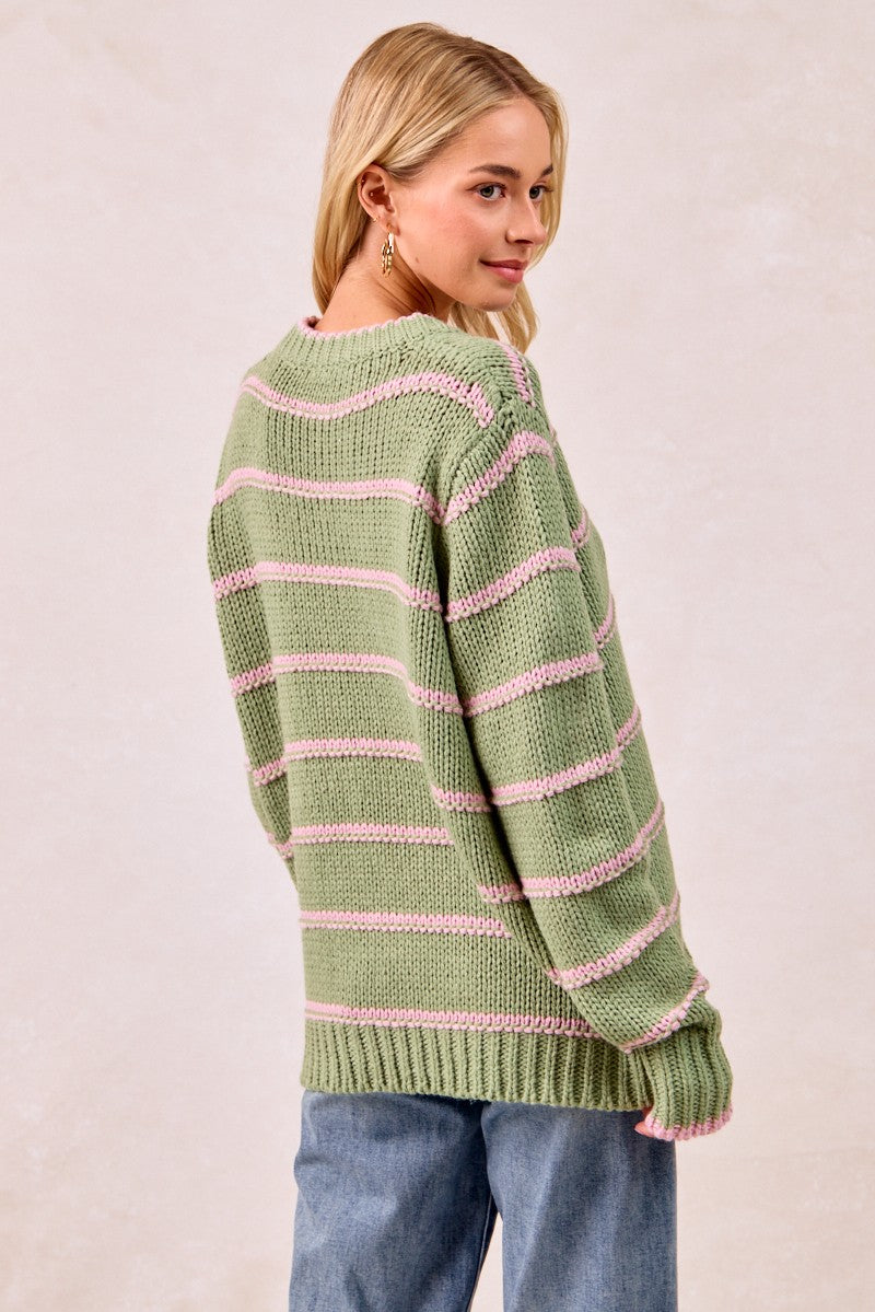 BiBi Striped Pattern Long Sleeves Oversized Ribbed Pullover Sweater | Marsala