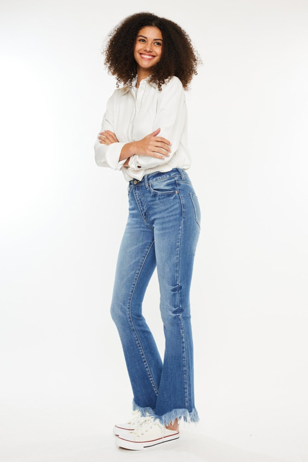 KanCan High Rise Raw Hem 5 Pockets Design Medium Wash Ankle Bootcut Denim Jeans
