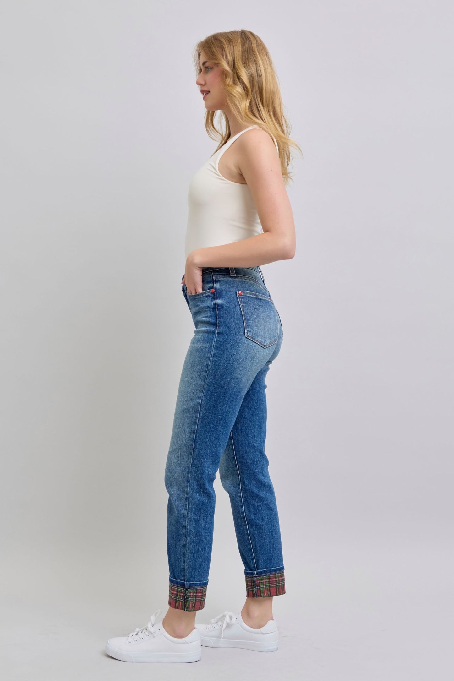 Judy Blue High Waist Plaid Print Cuffed Medium Washed Straight Leg Denim Jeans