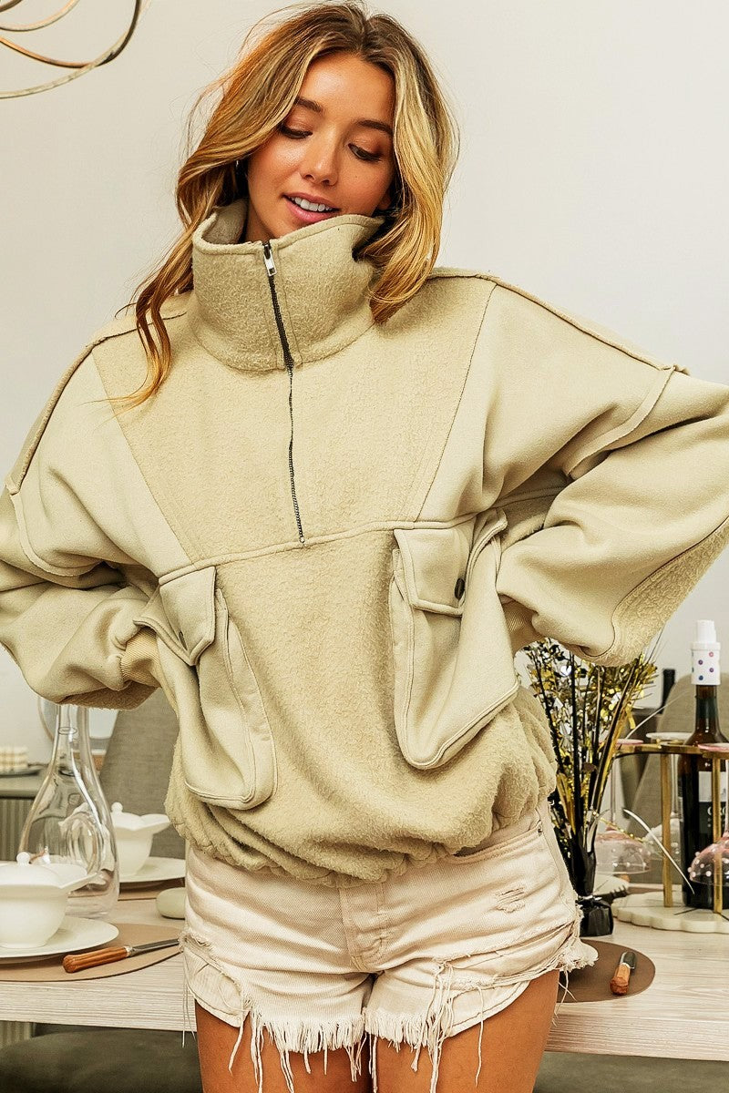 BiBi Half Zip cargo Pockets Vintage Washed Fleece Pullover Sweatshirt | Mocha