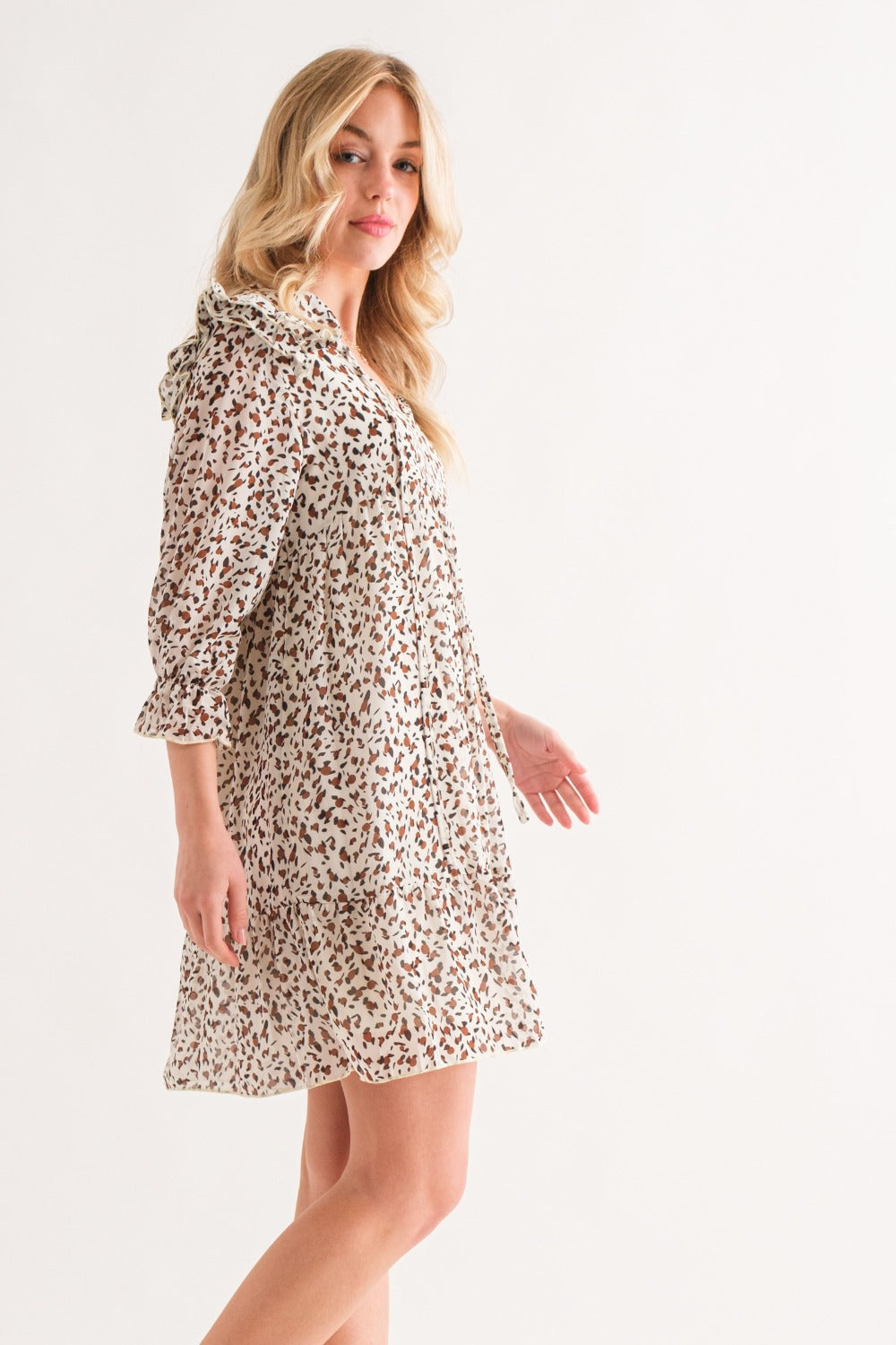 And The Why Leopard Print Long Sleeves Ruffle Hem Woven Mini Dress | Ivory