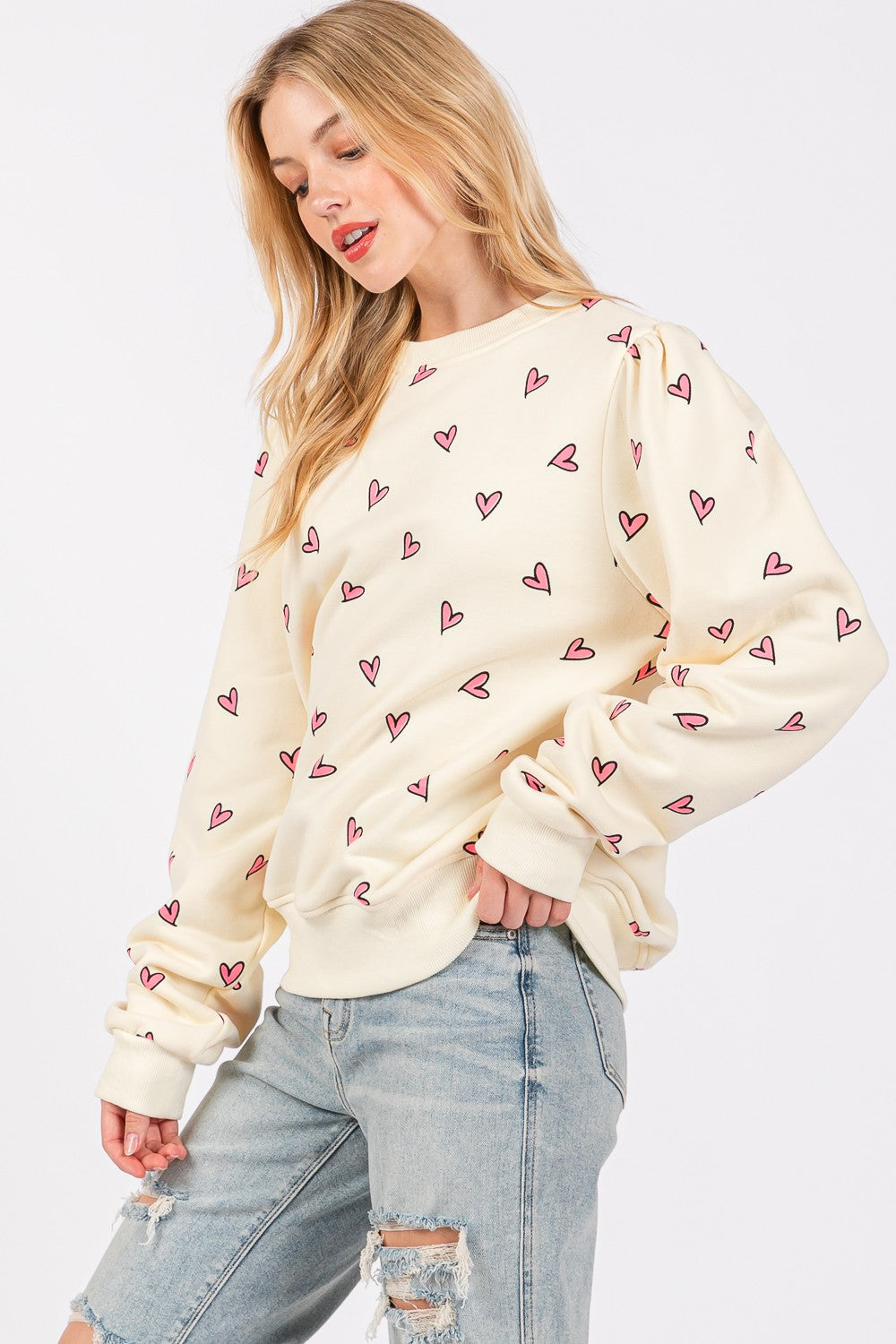 SAGE + FIG Heart Printed Contrast Long Sleeves Relaxed Fit Sweatshirt | Cream