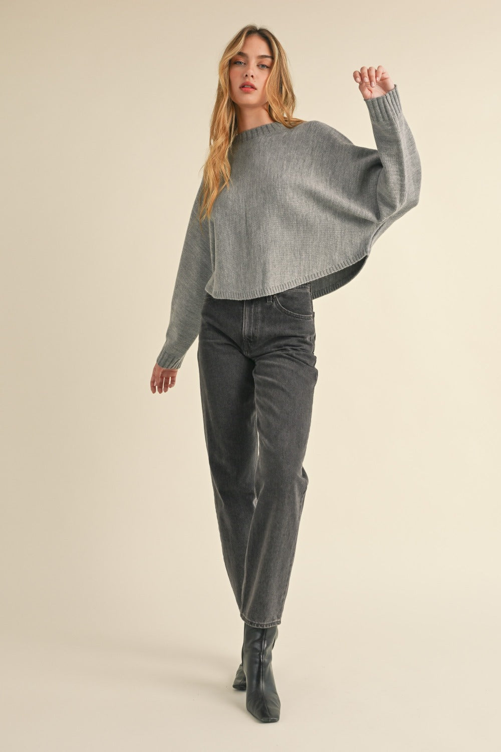 MABLE Round Neck Dolman Sleeves Relaxed Fit Cropped Pullover Sweater | H Grey