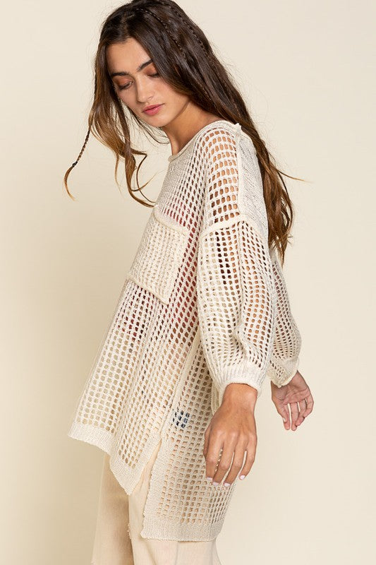 POL Oversized Openwork Balloon Sleeves See Through Cover Up Top