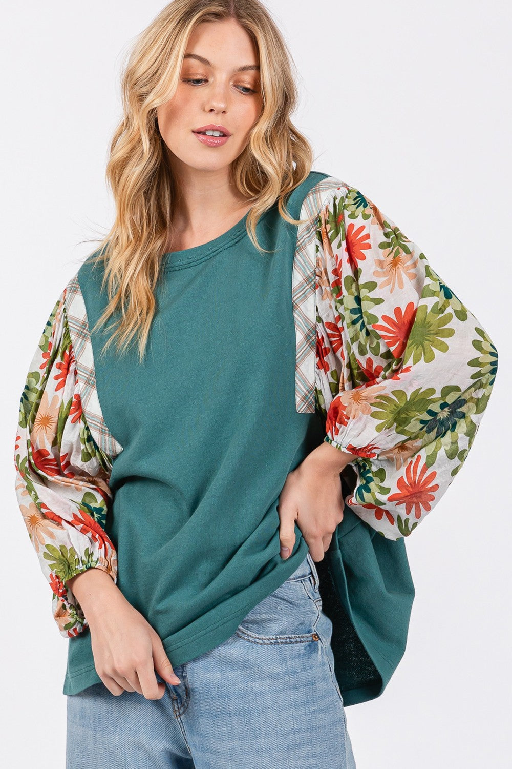 SAGE + FIG Floral Printed Balloon Sleeves Contrast Round Neck Knit Top | Teal