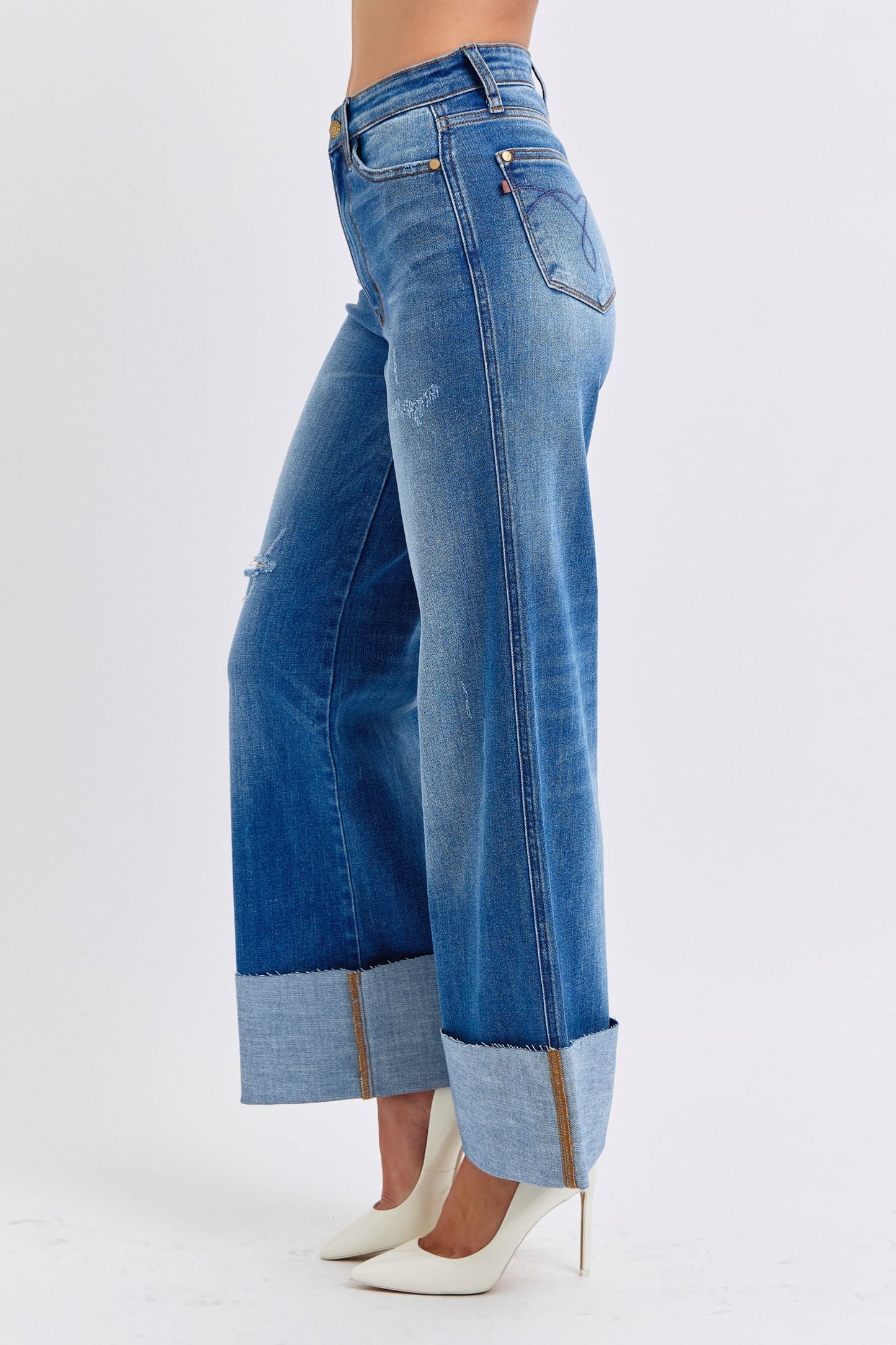 Judy Blue Distressed High Rise Cuffed Raw Hem Zip Fly Medium Wash Wide Leg Jeans