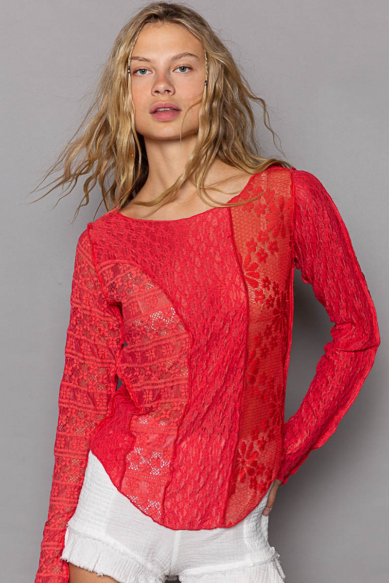 POL Exposed Seam Long Sleeves Boat Neck Floral Lace Knit Top | Real Red