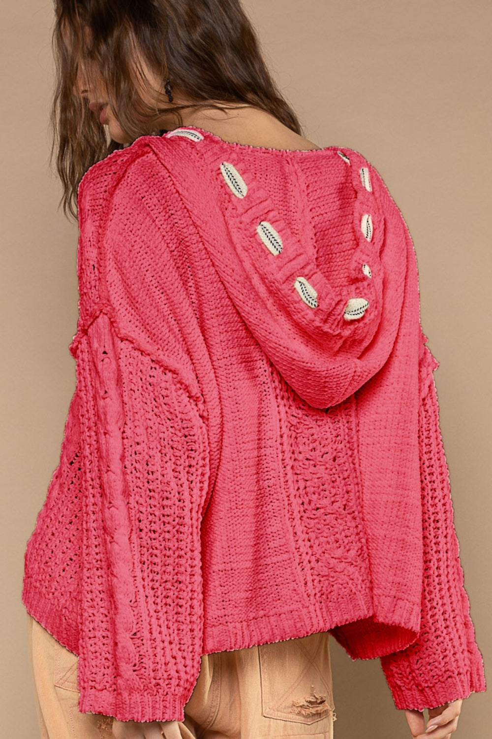 POL Cable Knit V-Neck Long Sleeves Hooded Chenille Pullover Sweater | Fuchsia