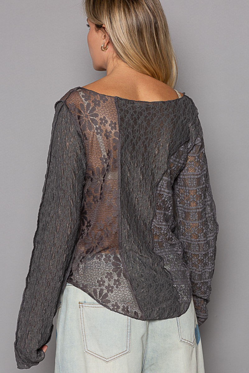 POL Exposed Seam Long Sleeves Boat Neck Floral Lace Knit Top | Real Red