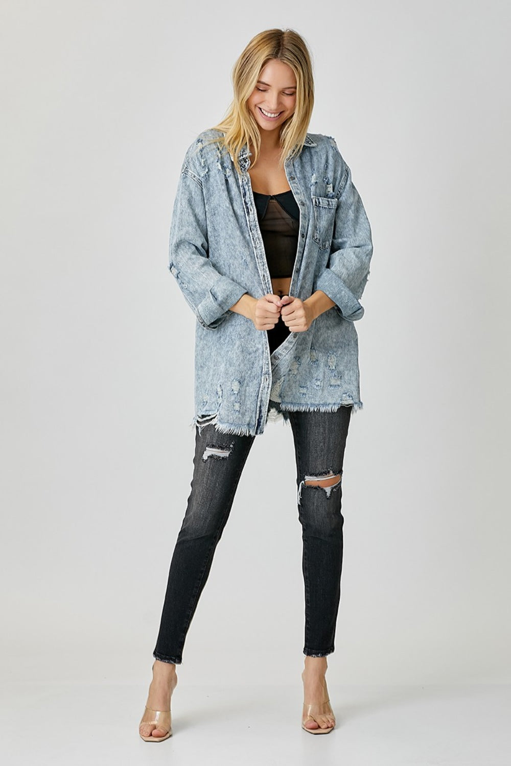 RISEN Distressed Raw Hem Long Sleeves Chest Pocket Light Wash Denim Shirt