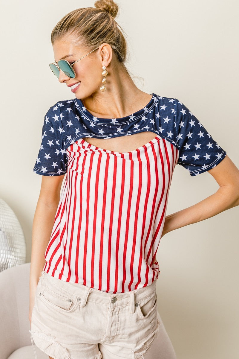 BiBi American Flag Theme Front Cut Out Short Sleeves Round Neck Top | Red Stripe