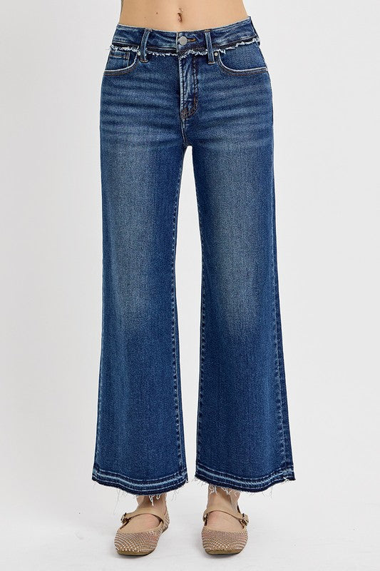 RISEN Tummy Control Raw Hem Zipper Fly Dark Washed Ankle Bootcut Denim Jeans