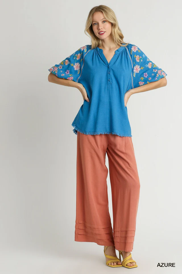 Umgee Half Button Embroidered Raglan Sleeves Raw Hem Smocked Blouse | Cerulean