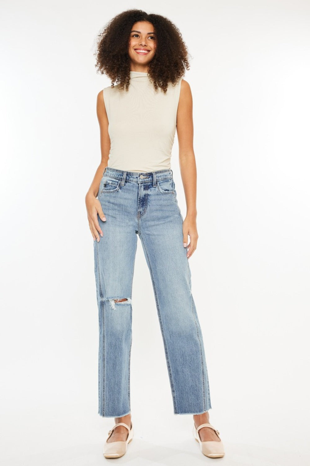 KanCan Ultra High Rise Distressed Knee Raw Hem Medium Wash Straight Denim Jeans
