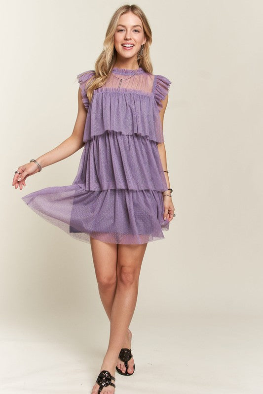 ADORA Layered Ruffled Detail Cap Sleeves Swiss Dot Print Lace Mini Dress | Mauve