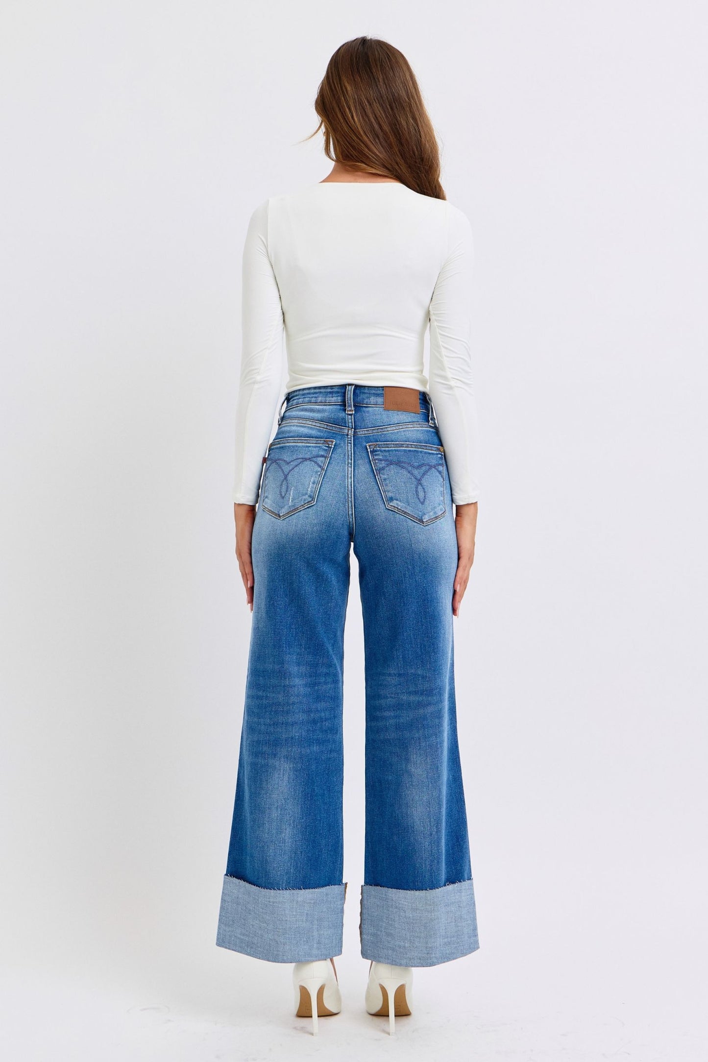 Judy Blue Distressed High Rise Cuffed Raw Hem Zip Fly Medium Wash Wide Leg Jeans