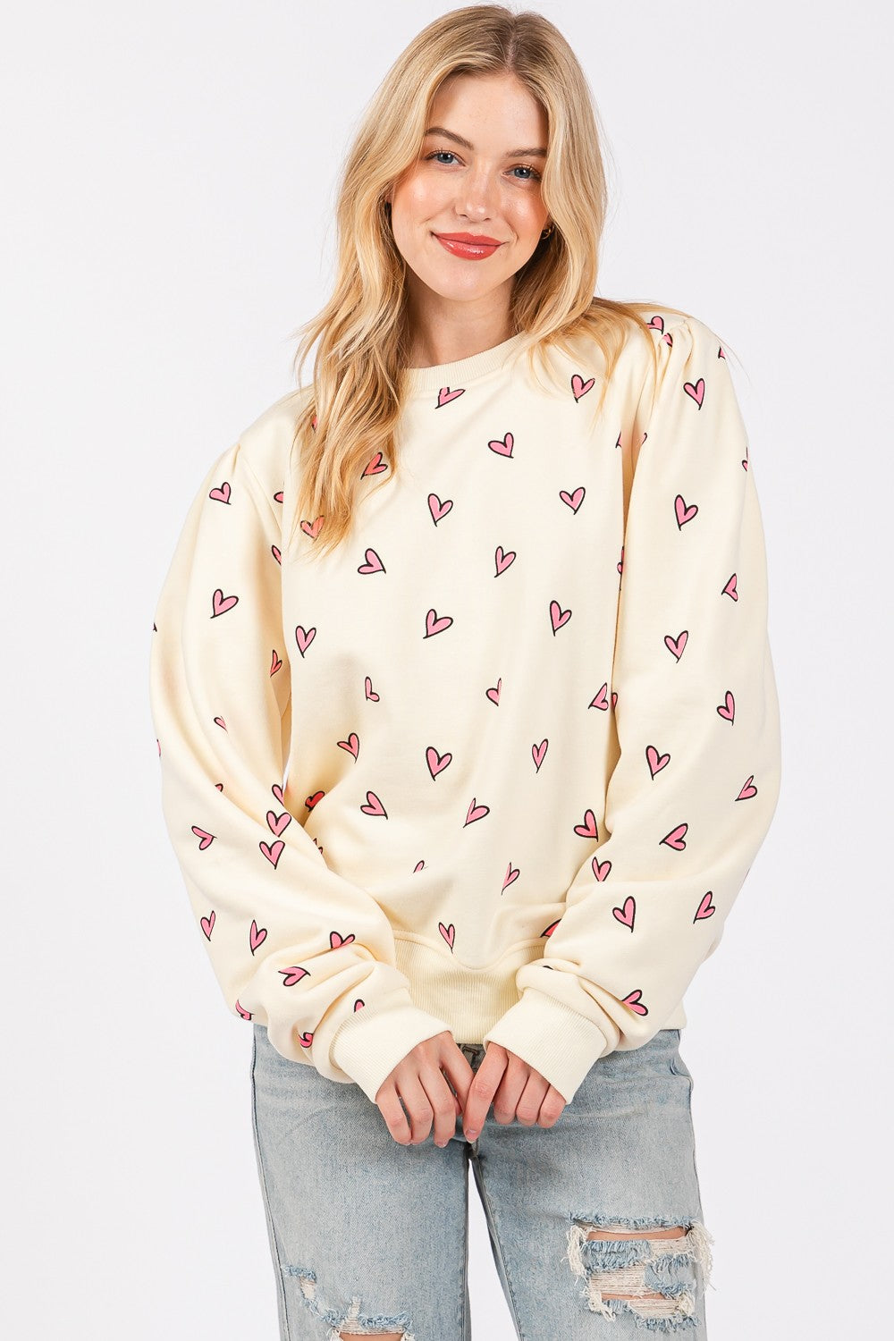 SAGE + FIG Heart Printed Contrast Long Sleeves Relaxed Fit Sweatshirt | Cream