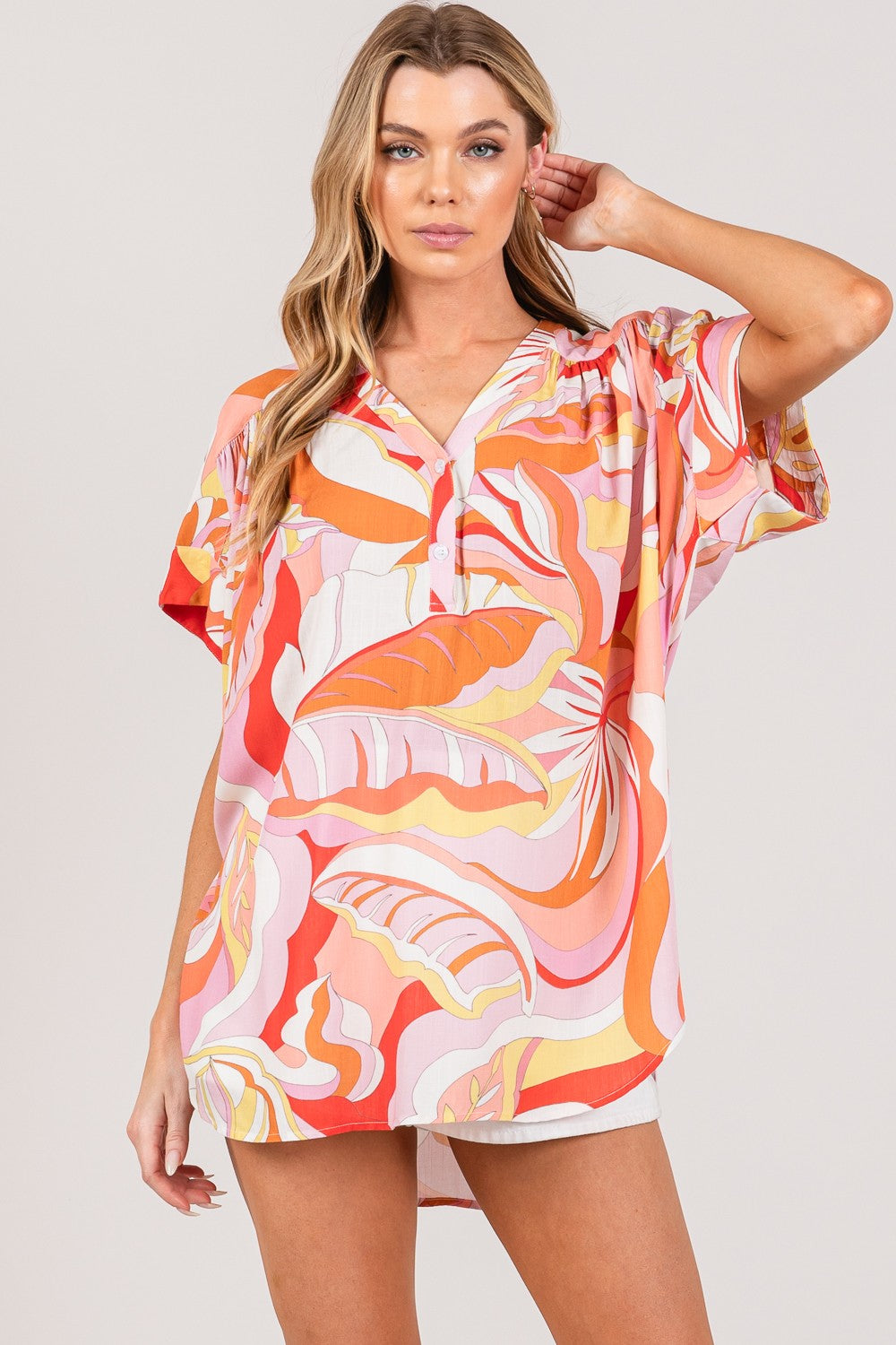 SAGE + FIG Abstract Print Half Button Short Sleeves Oversized Blouse | Coral