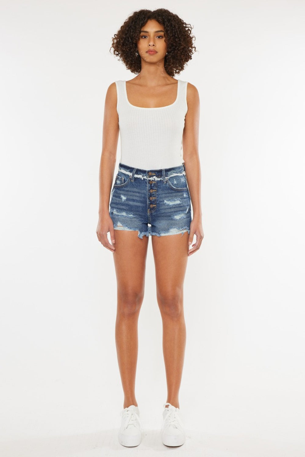 KanCan High Rise Distressed Button Fly Denim Shorts | Dark Wash