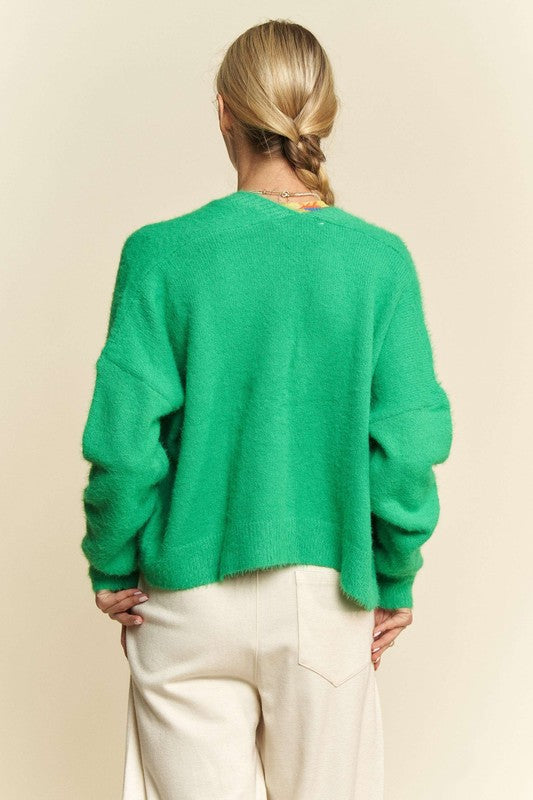 Davi & Dani Long Sleeves Open Front Drop Shoulder Front Pockets Cardigan | Green