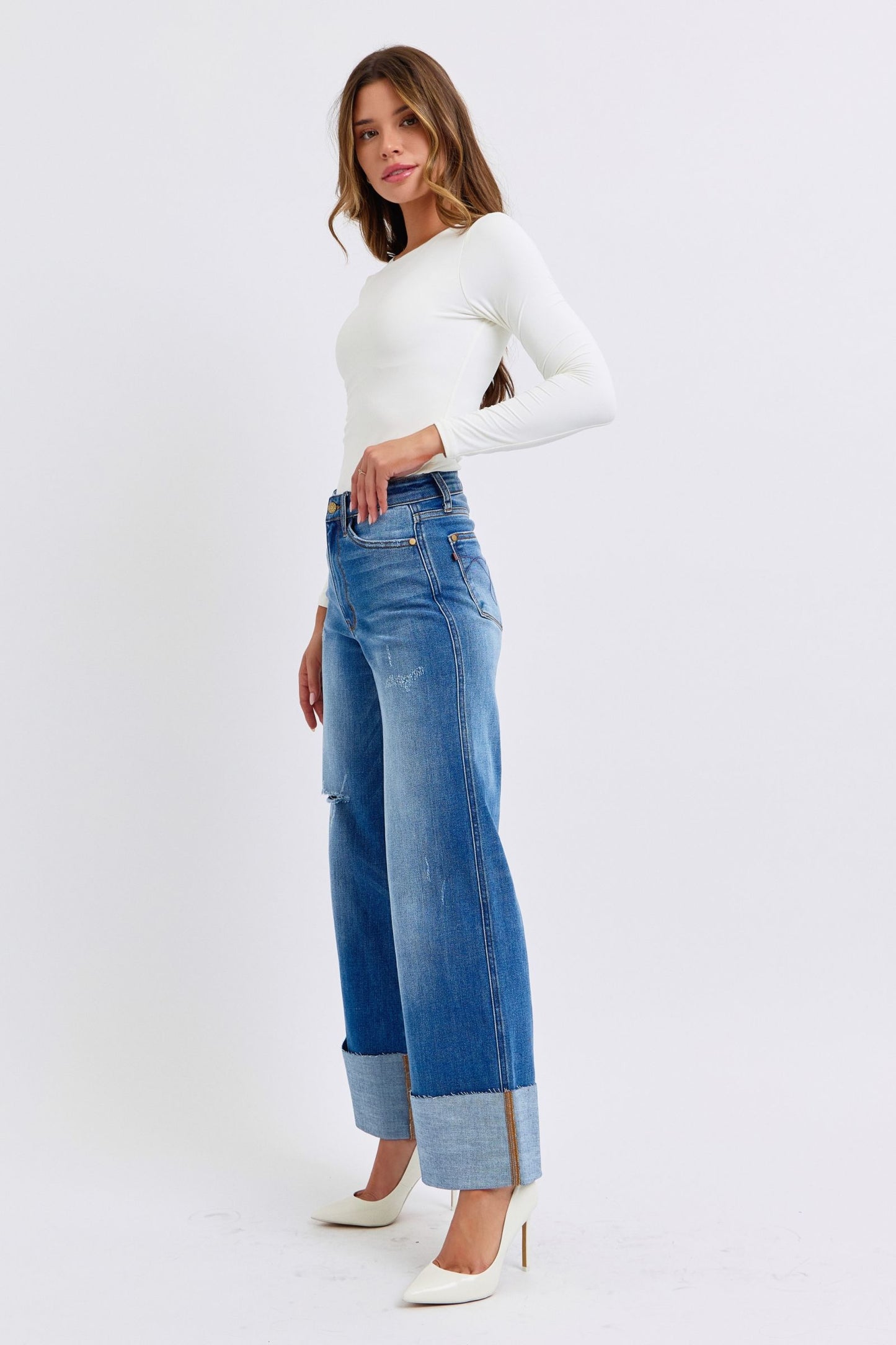 Judy Blue Distressed High Rise Cuffed Raw Hem Zip Fly Medium Wash Wide Leg Jeans