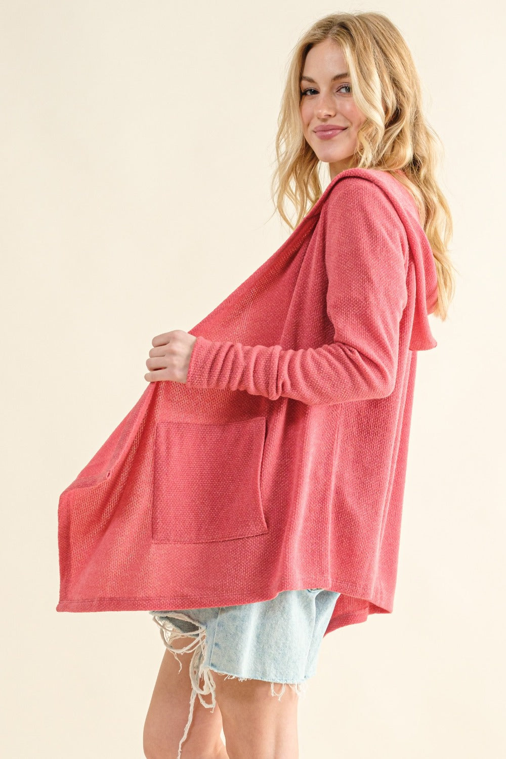 And The Why Thermal Long Sleeves Pockets Hooded Casual Cardigan | Rose Pink
