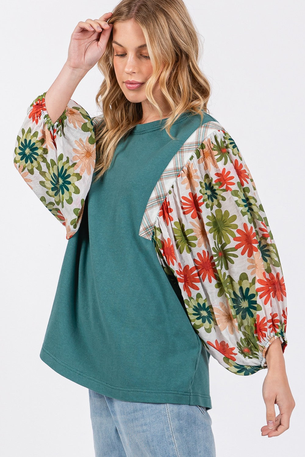 SAGE + FIG Floral Printed Balloon Sleeves Contrast Round Neck Knit Top | Teal