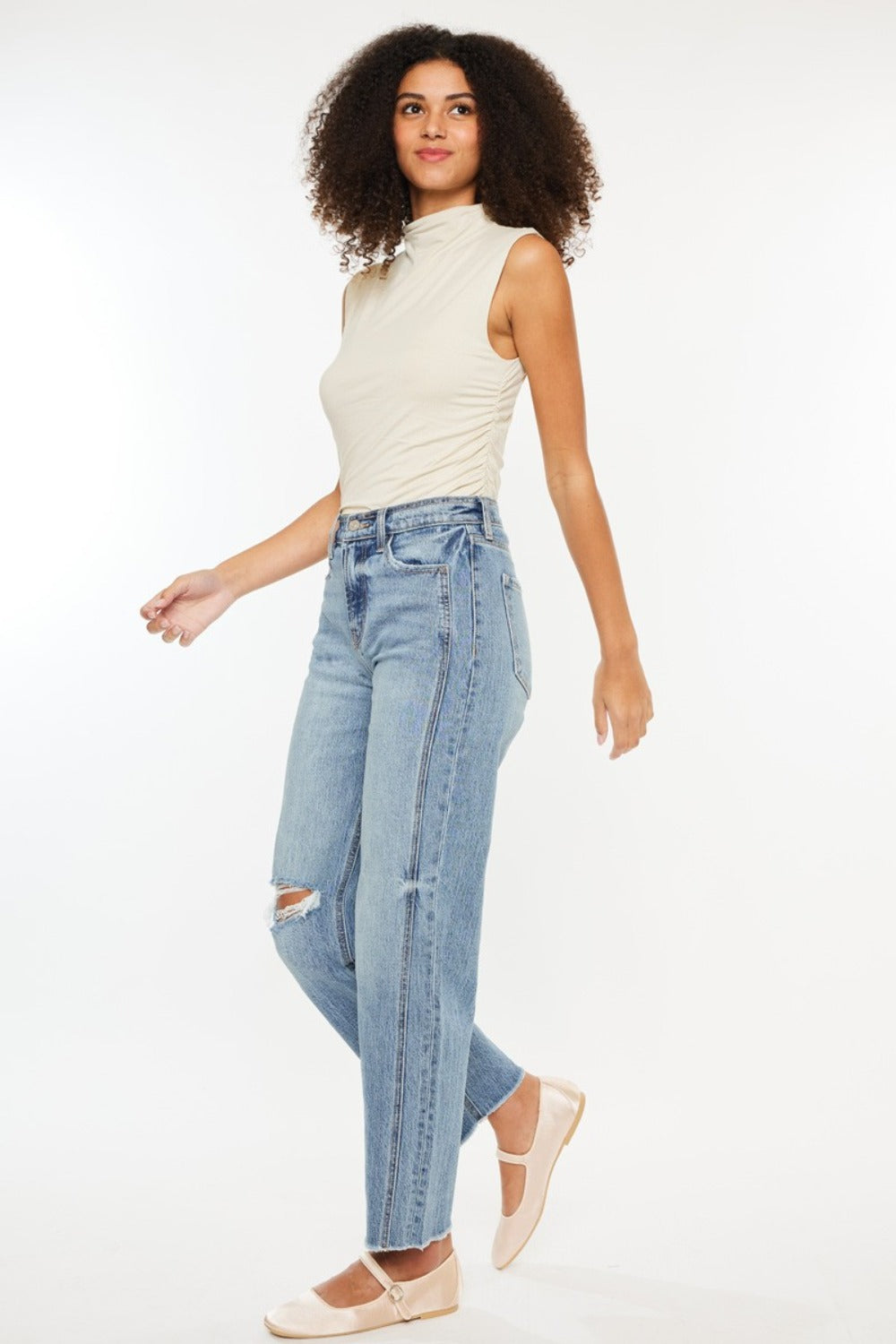 KanCan Ultra High Rise Distressed Knee Raw Hem Medium Wash Straight Denim Jeans
