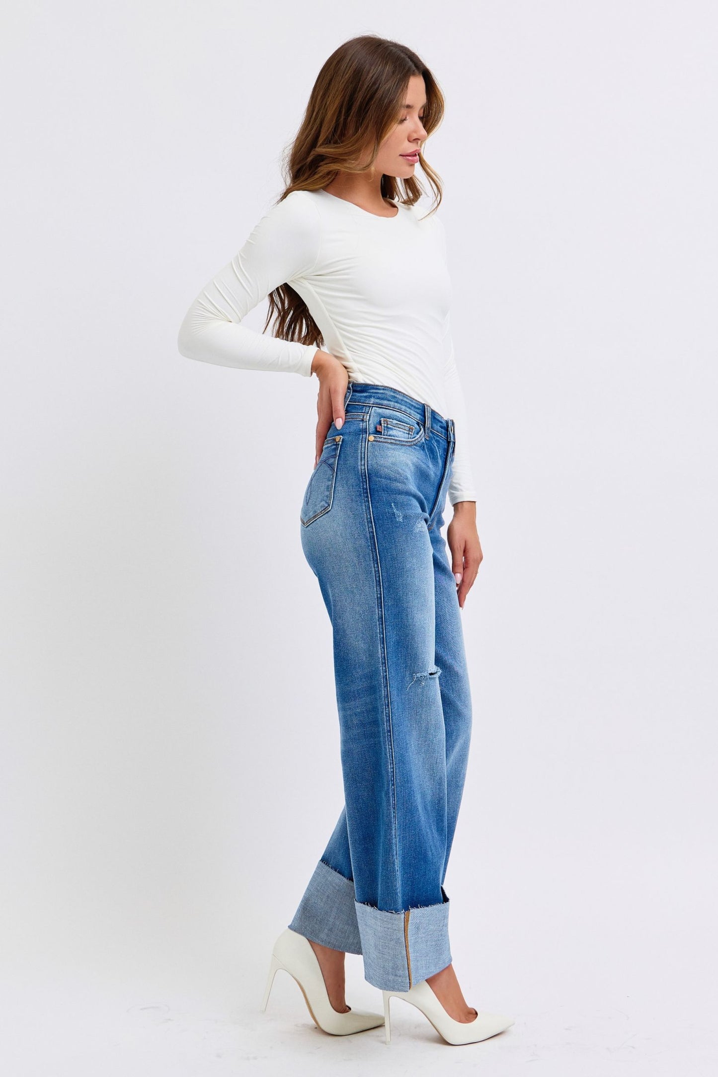 Judy Blue Distressed High Rise Cuffed Raw Hem Zip Fly Medium Wash Wide Leg Jeans