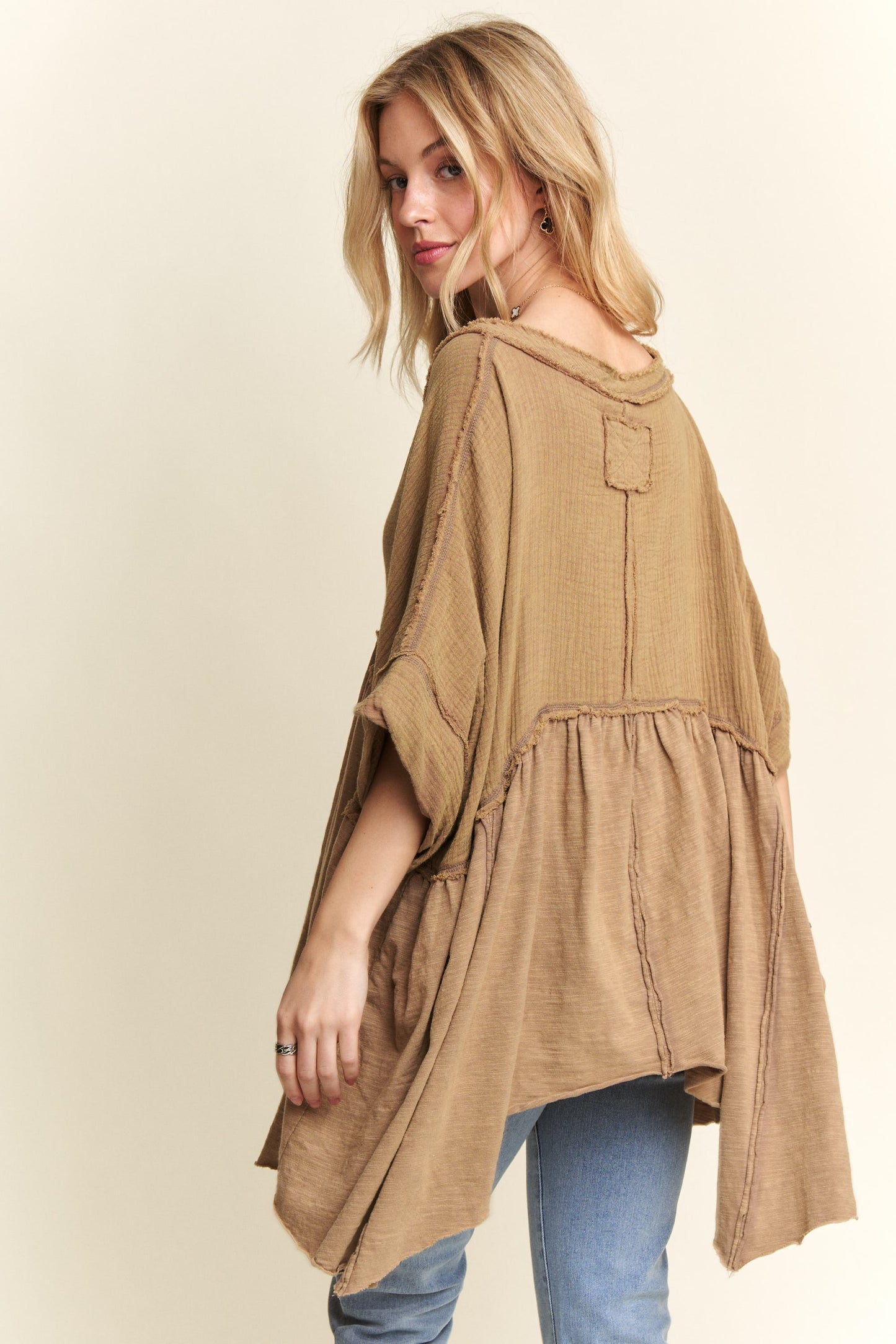 ADORA Oversized Vintage Raw Edge Detail Mineral Wash Flare Babydoll Top | Beige